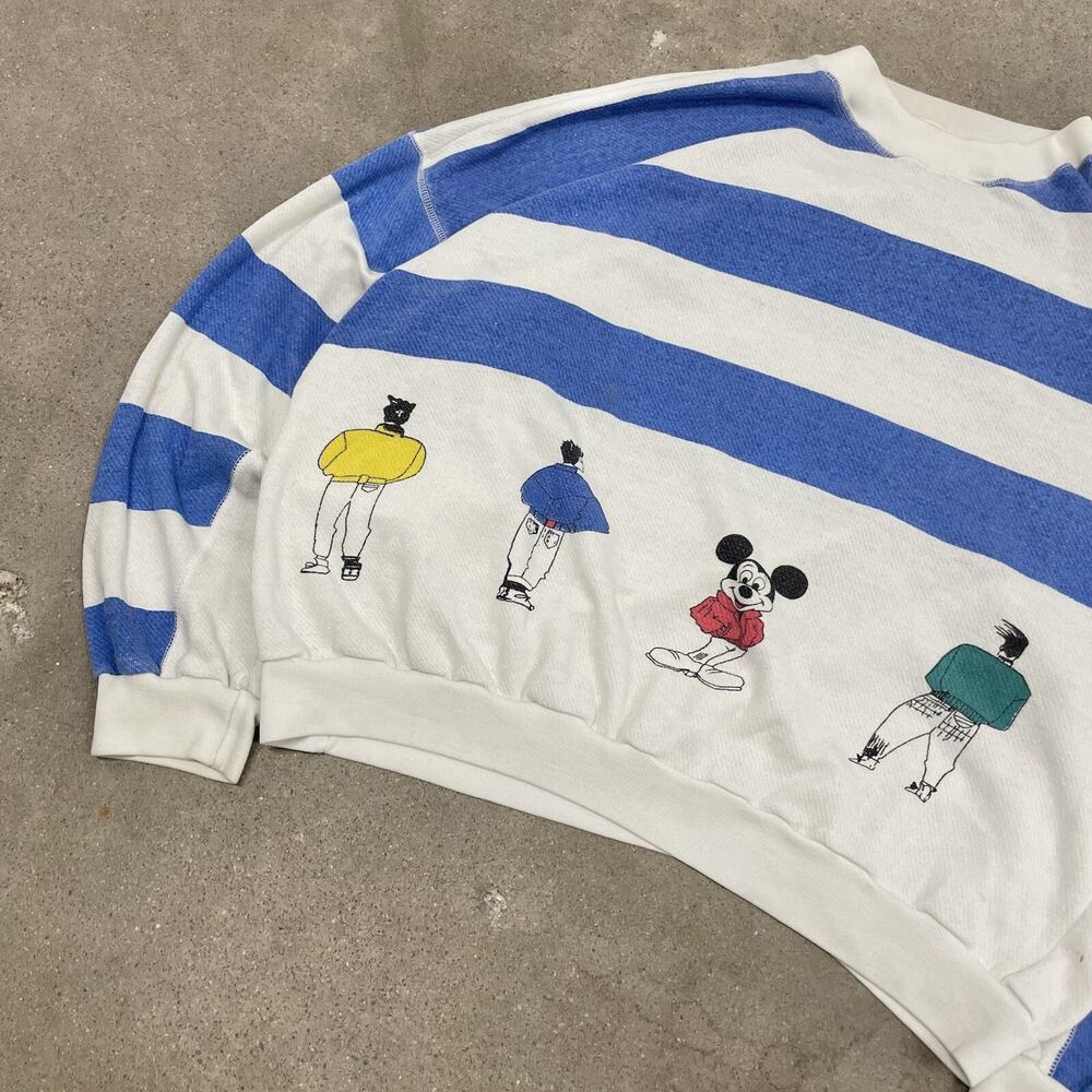 Vintage 80s Disney Mickey Mouse Boxy Striped Disney Crewneck Sweatshirt Large - Picture 2 of 5